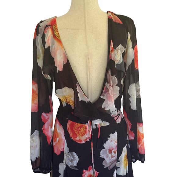 GB GIANNI BINI FLORAL PLUNGE CRISS CROSS MAXI DRESS IN BLACK PRE-OWNED MEDIUM - Picture 4 of 14